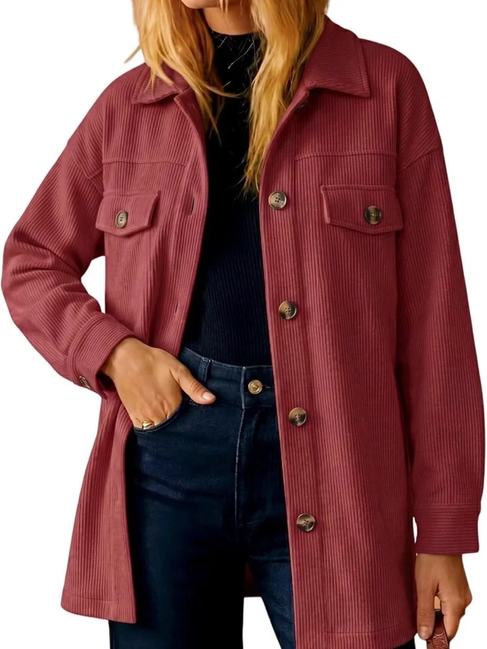 Women's Red Corduroy Button-Up Shacket Jacket w/ Pockets
